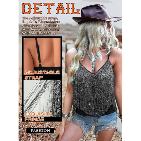 Women's Silver Black Fringe Tank Top Western Festival Clothing V Neck Outfits - Picture 2 of 6